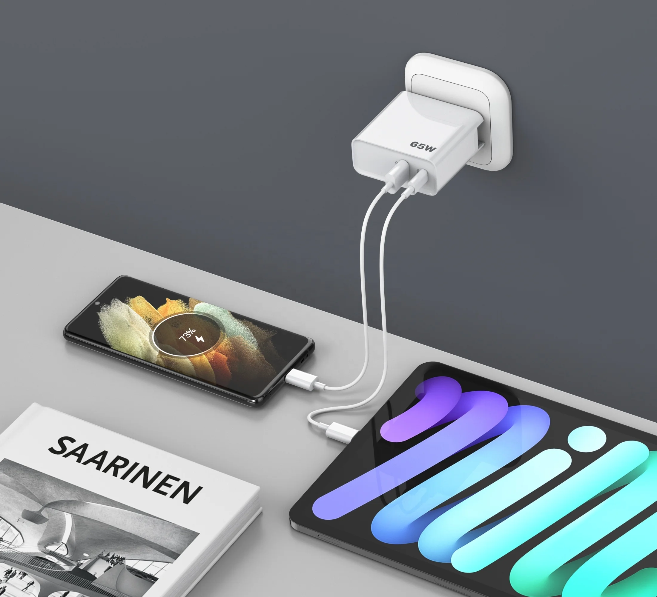 65W Multiport UDB QC3.0 USB C PD 65W Wall Charger 2 Port USB Charging Station PPS Fast Charger Adapter  for iPhopne and Mac