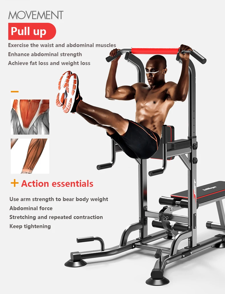 Home Use adjustable Multi Function Single Bar Pull Up Station Power Tower With Weight Bench