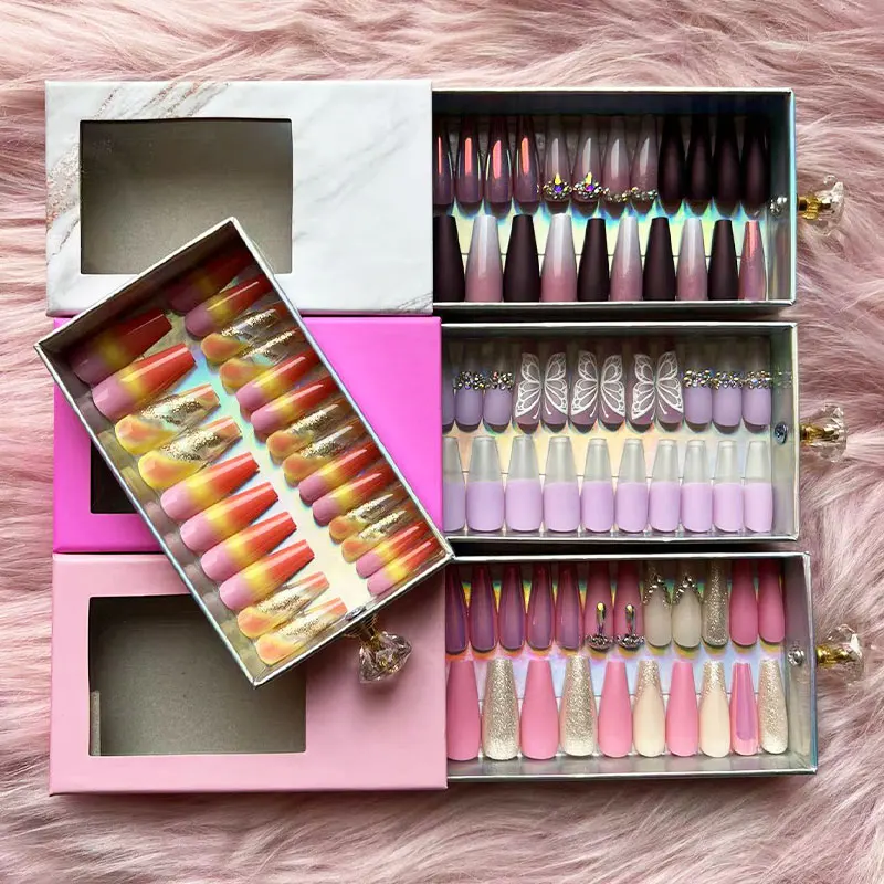 Luxury designer press on nails with rhinestones artificial fingernails french on false nails with stones