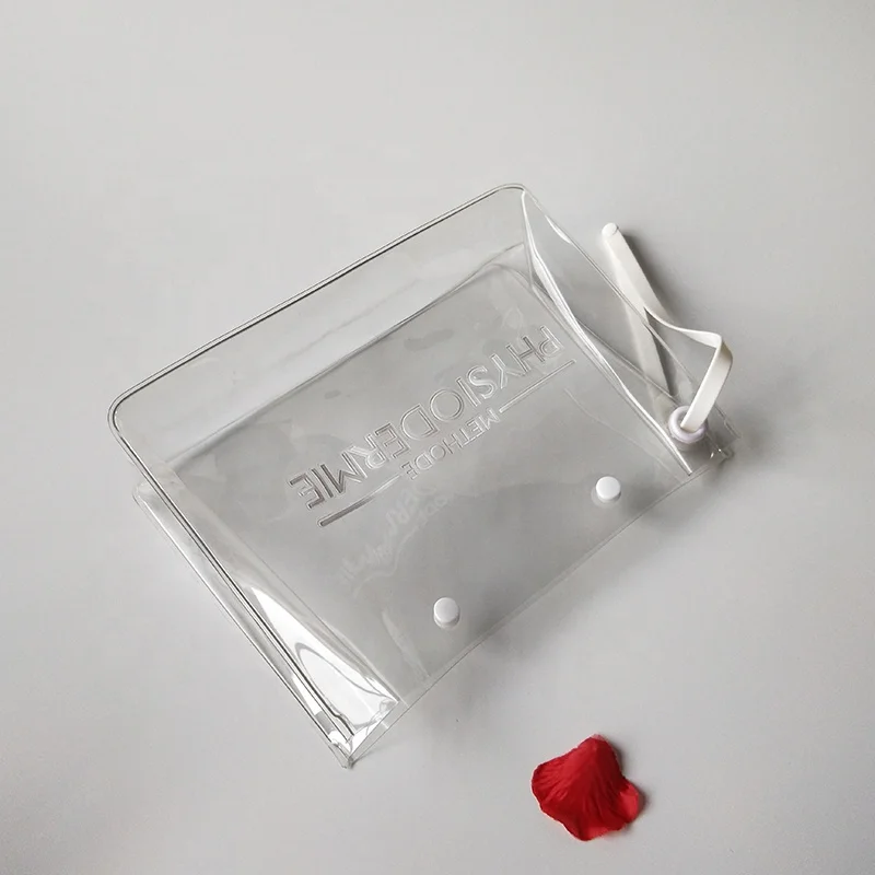 Eco friendly PVC skincare bag with press button, thicker plastic clear private label skincare packaging bag