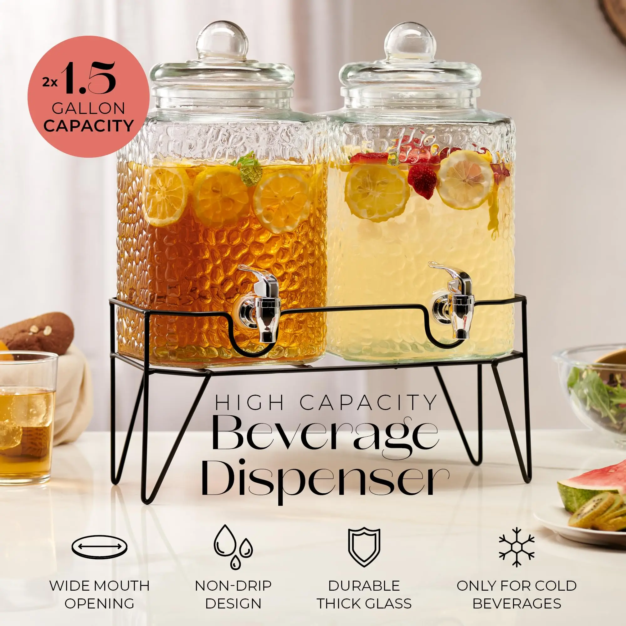Portable 1.5 Gallon Large Countertop Clear Glass Party Drink Dispenser Set with Rack Tap for Sweet Juice Tea Lemonade Water