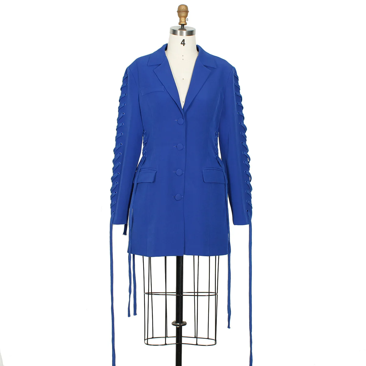 Pure Color Single Breasted Suit Blue V Neck Blazer Long Sleeve Ladies Frenulum Bandage Suits dress