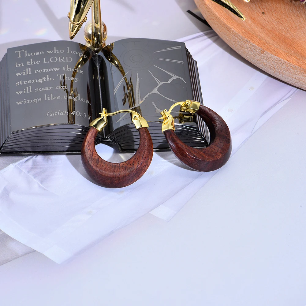 14K Hypoallergenic Gold Filled Wooden Hoop Earrings Natural Red Ebony Close fitting Chunky Style Earrings for Women