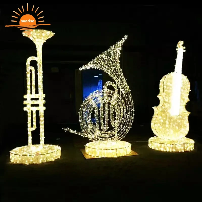 3d large led musical notes harp piano guitar horn pipa bass tuba sculpture holiday christmas motif lights