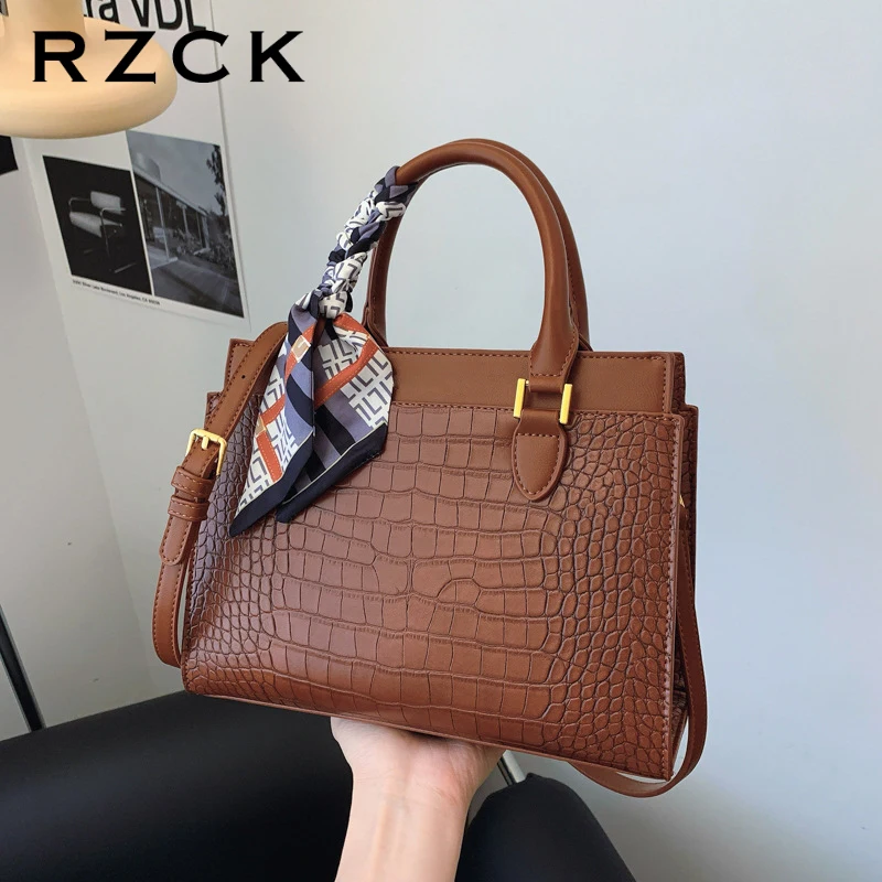 RZCK Fashion Crocodile Reversal Handbags with Scarf Luxury Signed Shoulder Soft PU Bag and Geometric Shape and Leather and Women