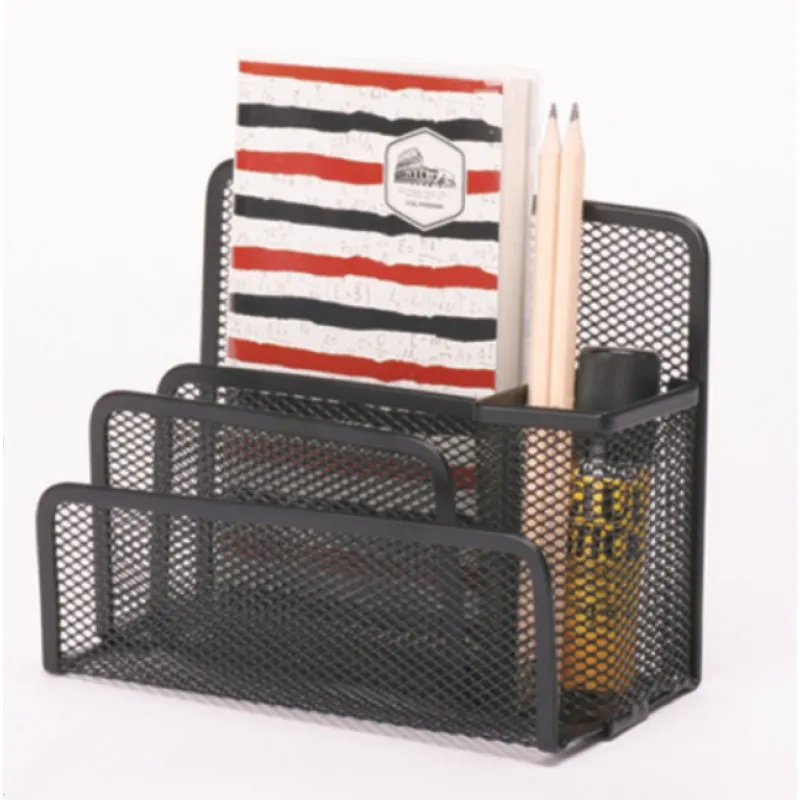 School Office Supply Customized Package Black Wire Mesh Metal Iron 4 Slots Table Desktop Pen Holder Letter Holder