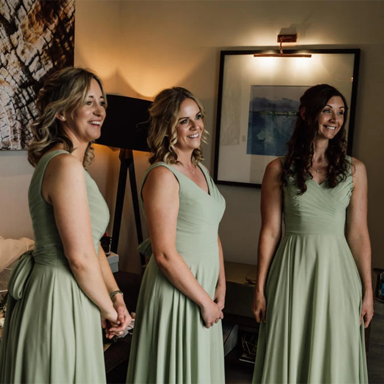 Simple V Neck A-line Floor-length Pleated Long Sleeveless Gown Chiffon Plus Size Bridesmaids Dress With Bow