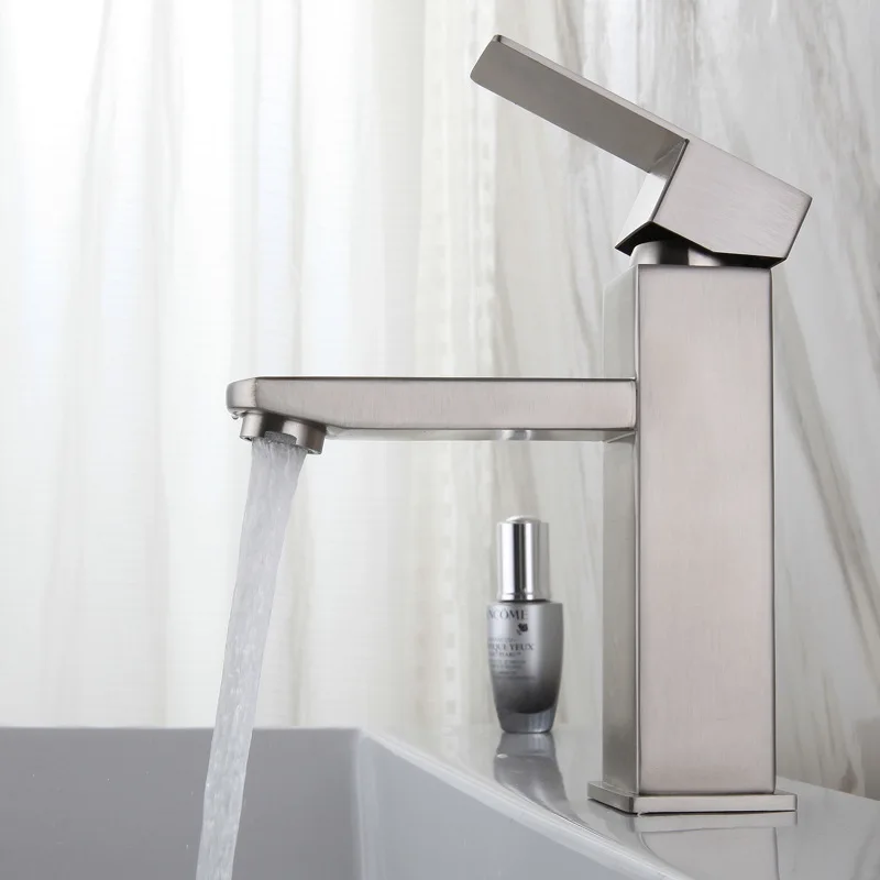 Square Basin Faucet Stainless Steel 304 Hot And Cold Basin Mixer Single Handle Brushed Nickel Sink Bathroom Tap