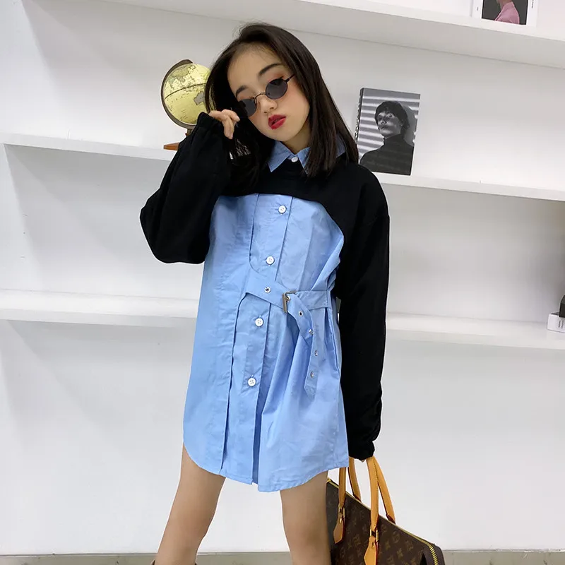 
2021 New Children Girl Blue Long Sleeve Dress Shirt with Crop Top 2 pcs Set 120-170cm Height 