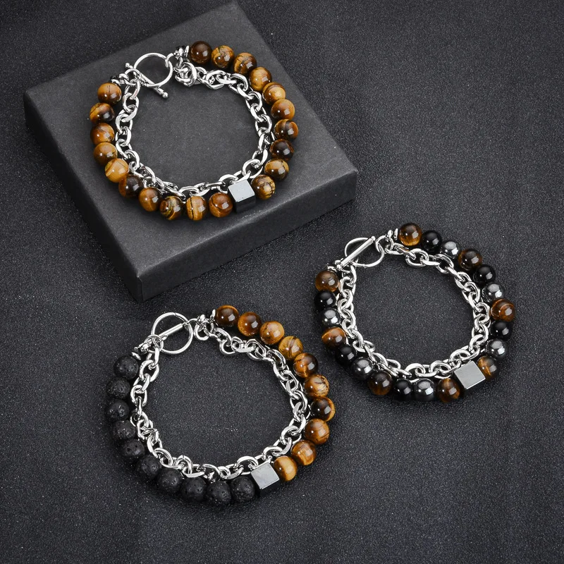 European American 8mm Tiger Eye Stone Double Layer Bracelet for Men Square Black Magnet Beaded Religious Handicraft Jewelry