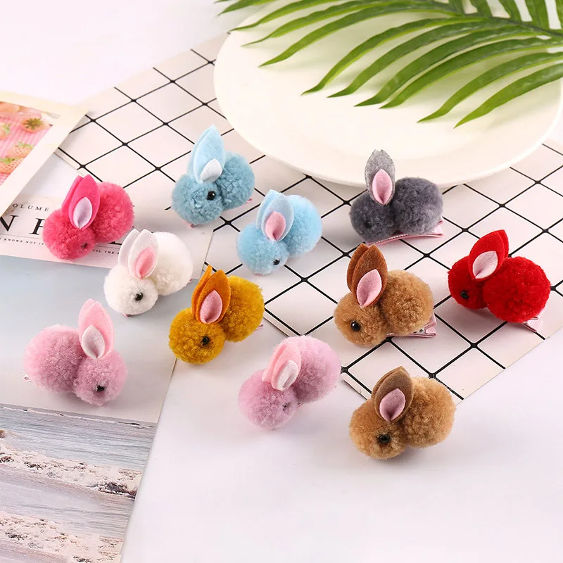 Popular Cute Pompom Plush Cartoon Bunny Girls Hairclip Lovely Stuffed Animal Rabbit Hairpin Hair Clips