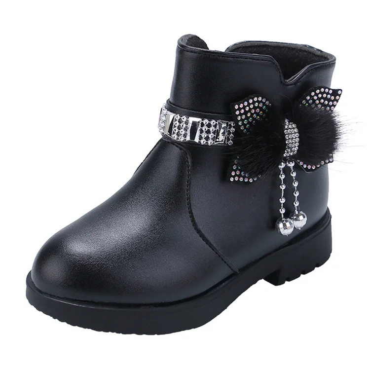 Children cotton boots rhinestone ankle boots princess fashion bow leather boots
