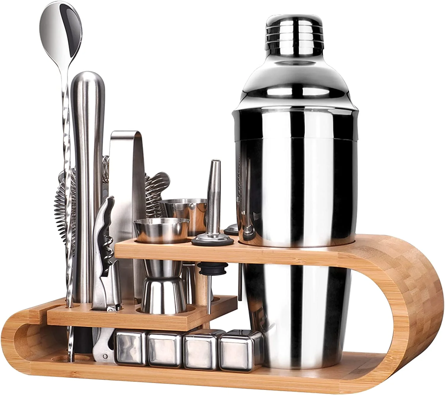 Mixology Bartender Kit Stainless Steel Drink Cocktail Shaker Set with Bamboo Stand Alcohol Mixer Shaker Set Gifts Home Bar Tools