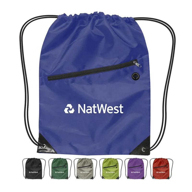 Promotional Custom Logo Draw String Bag 210D Polyester Sport Backpack Drawstring Gym Bag With Zipper Pocket