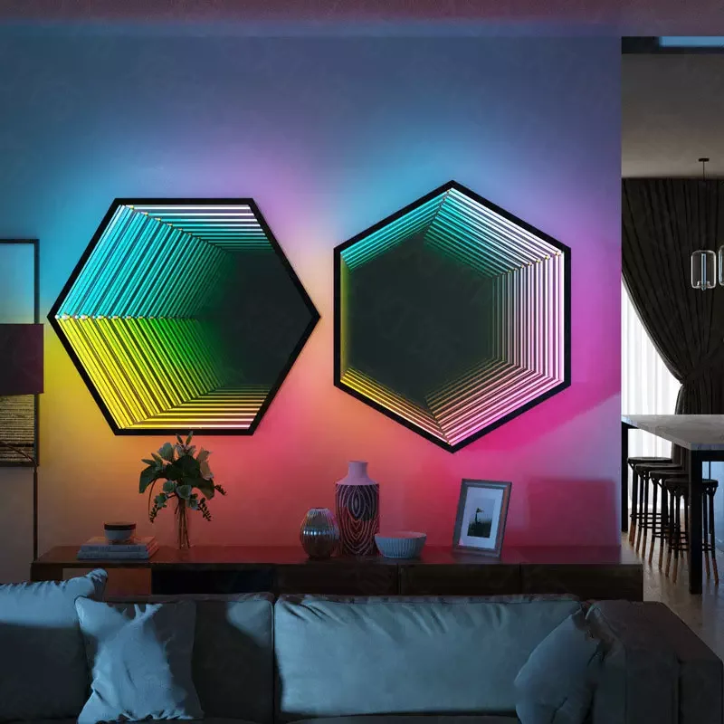 Infinity Octa Mirror LED Wall Lamp Geometric RGB Colour Changing Wall Deco Endless Magical Lighting Holographic Portal