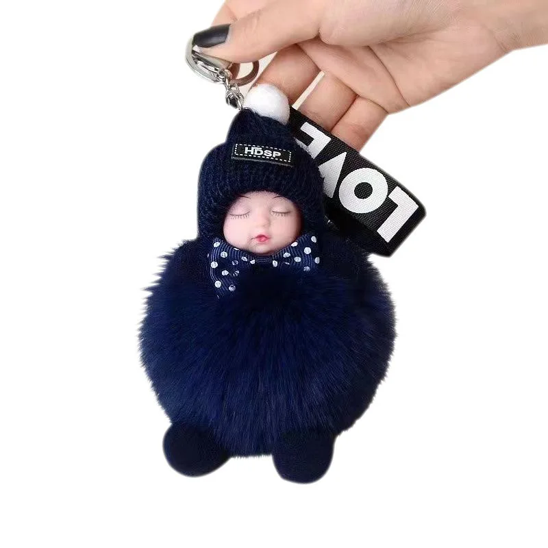Sweet Cute Fluffy Plush Keychains Sleeping Baby Doll and Pom Pom Rabbit Fur Ball Car Key Ring and Bag Charm Gift
