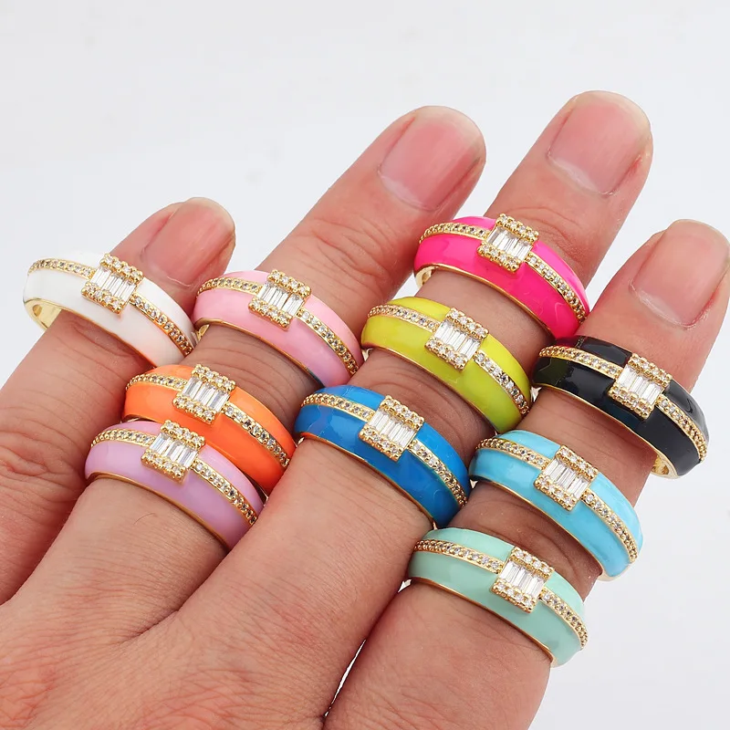 2021 Neon Enamel Shiny Zircon Opening Metal Adjustable Ring For Women Gold Plated Chunky Rings Engagement Wedding Jewelry