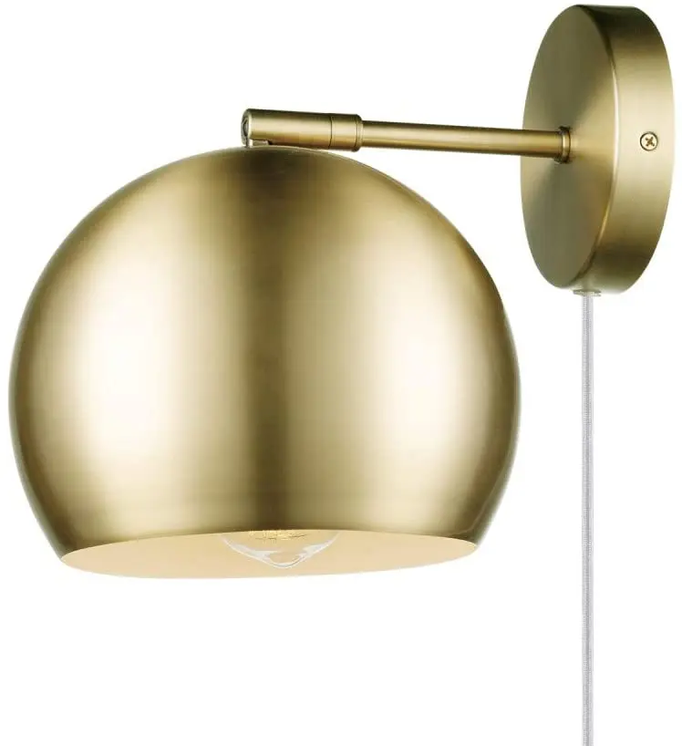 Globe 1-Light Plug-in Wall Sconce Hardwire Matte Brass White Fabric Cord In-Line On/Off Rocker Switch