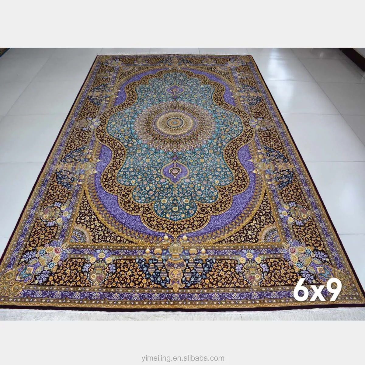 Purple Hand Knotted Kashmiri Oriental Pure Silk Indian Handmade Carpets for Sitting Room Bedroom