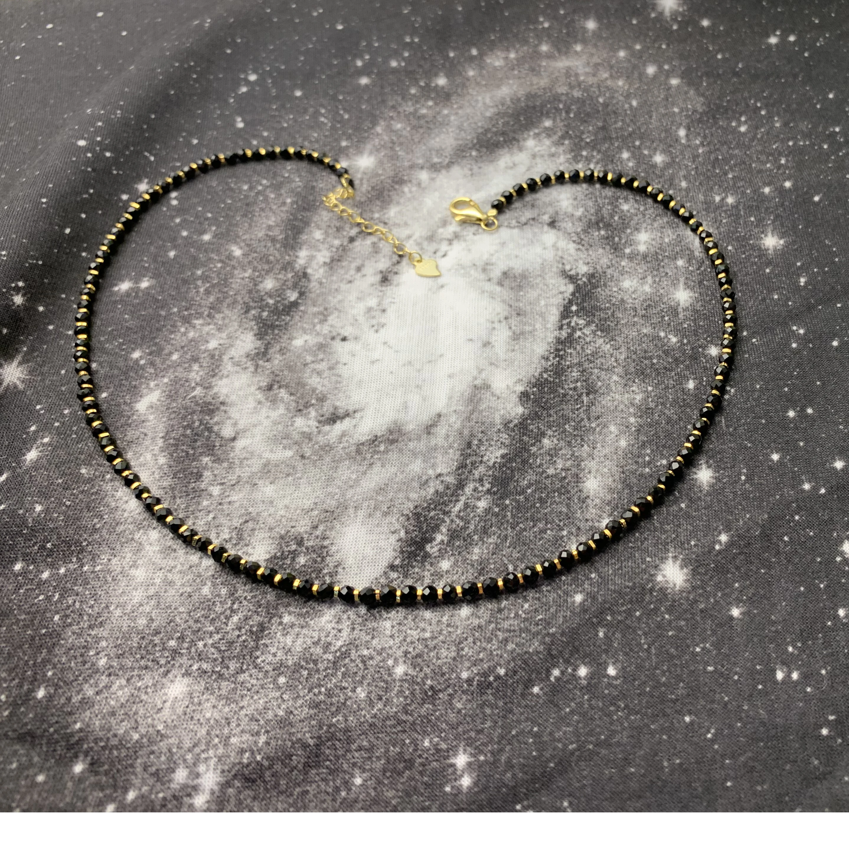 Gemstone jewelry black spinel faceted beads gold plated 925 sterling silver crystal beaded necklace