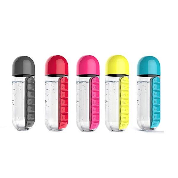 NB-BLUESKY Water Bottle with Pillbox Plastic Drink Bottle with Travel 7 Days Drug Organizer 2 in 1 Pill Box Water Bottle