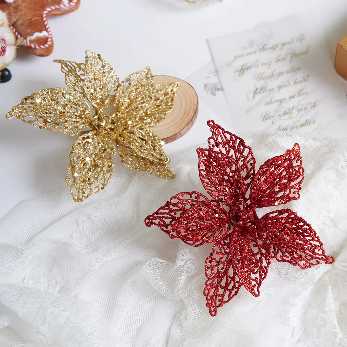 Wholesale Christmas Flower Glitter Powder Hollow Out Artificial Flower Christmas Decoration Christmas Tree Flowers