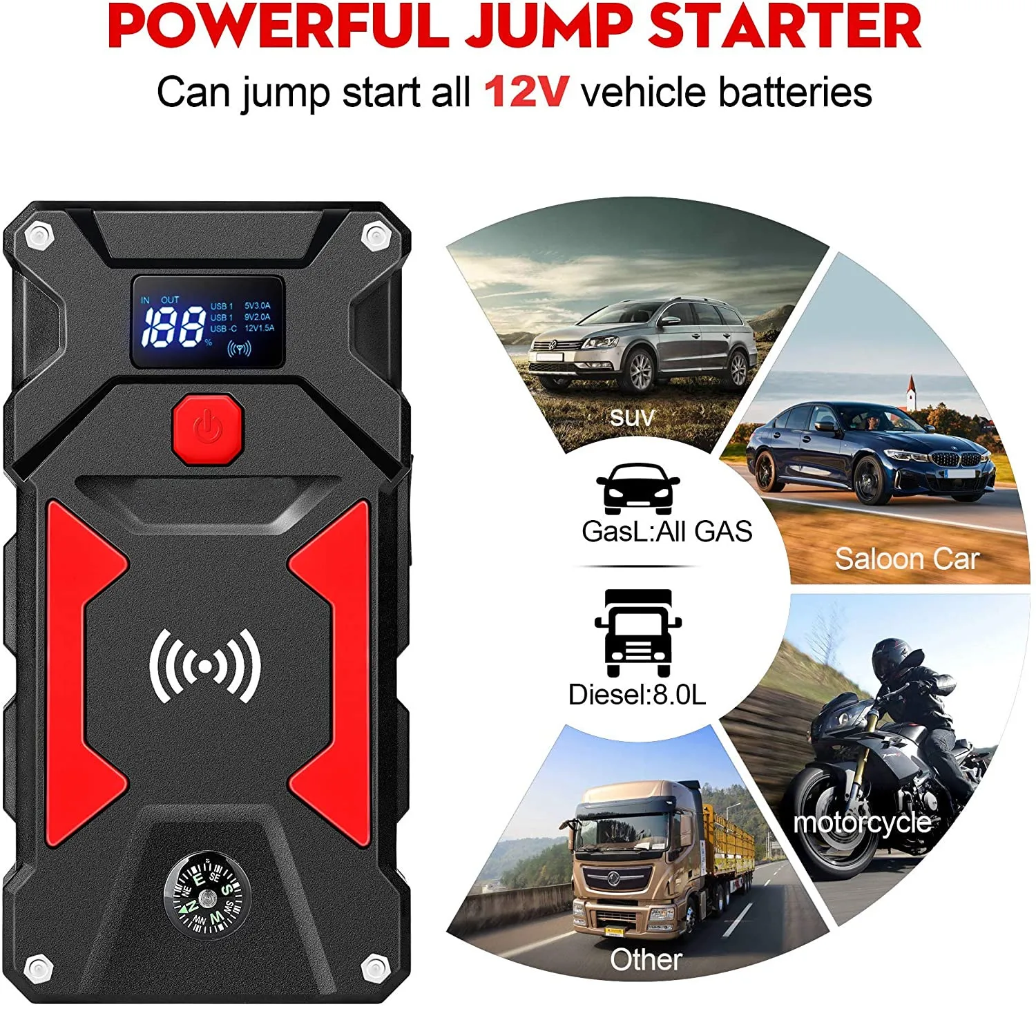 Promotion Multifunction 24800mAh 12V Mini Battery Jump Starter Wireless Charging Portable Jump Starter For Car Battery