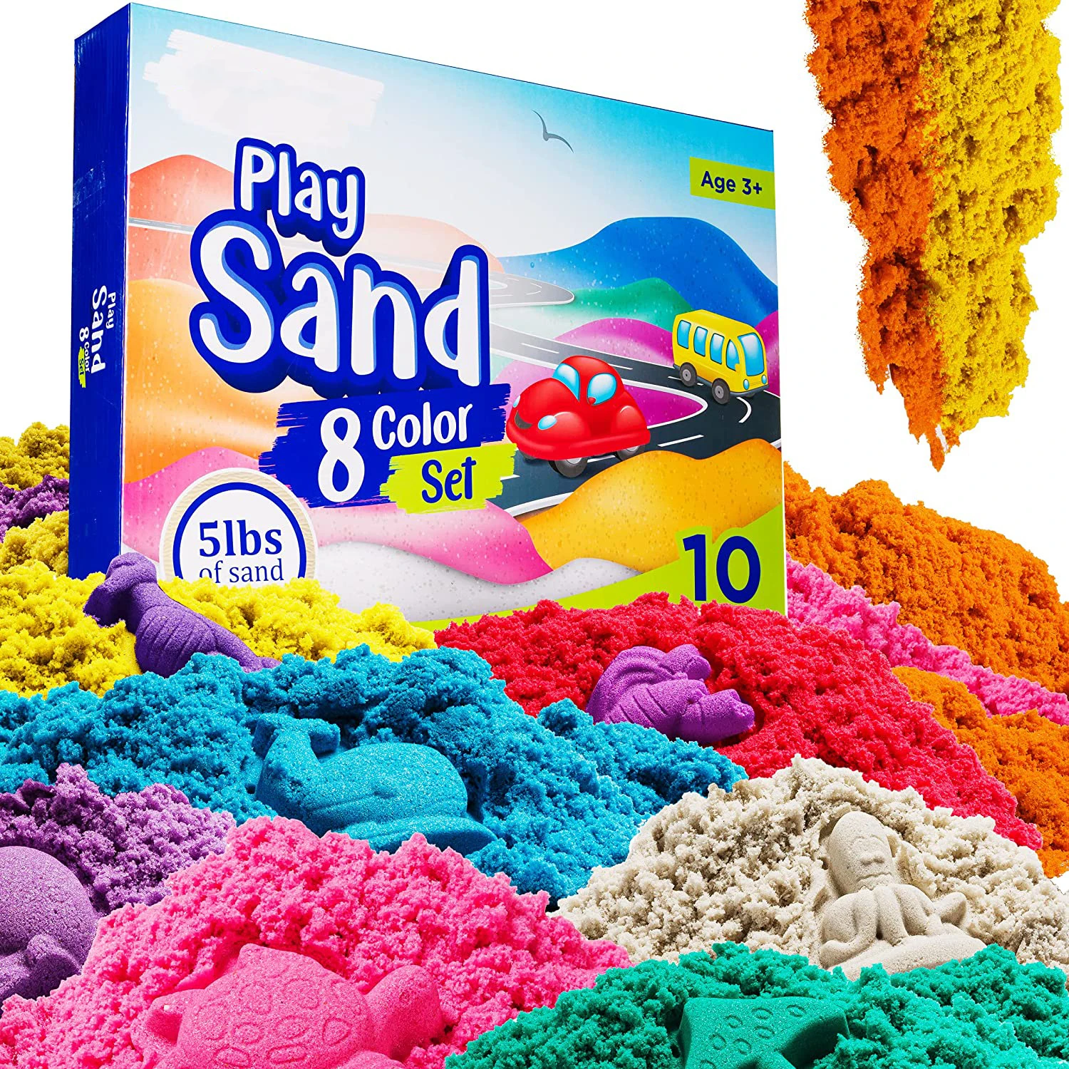 Perfect Kraft 8 Color Kids Play Sand Set - 5 Lbs of Toy Magic 10 Molds and Tray for Girls Boys