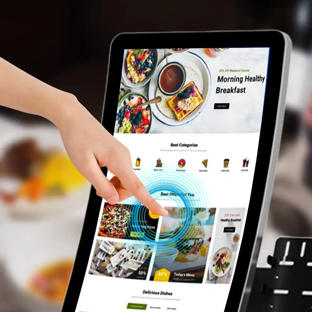 Custom led light stripe colomn-bottom/screen 23.6/32 inch curved screen digital menu boards mobile ordering kiosk