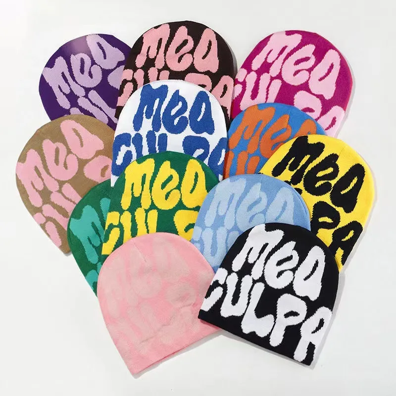 Wholesale Unisex All Over Print Winter Skull Cap Knit Custom Logo Acrylic Knitted Y2K Gothic No Cuffed Beanie Hats