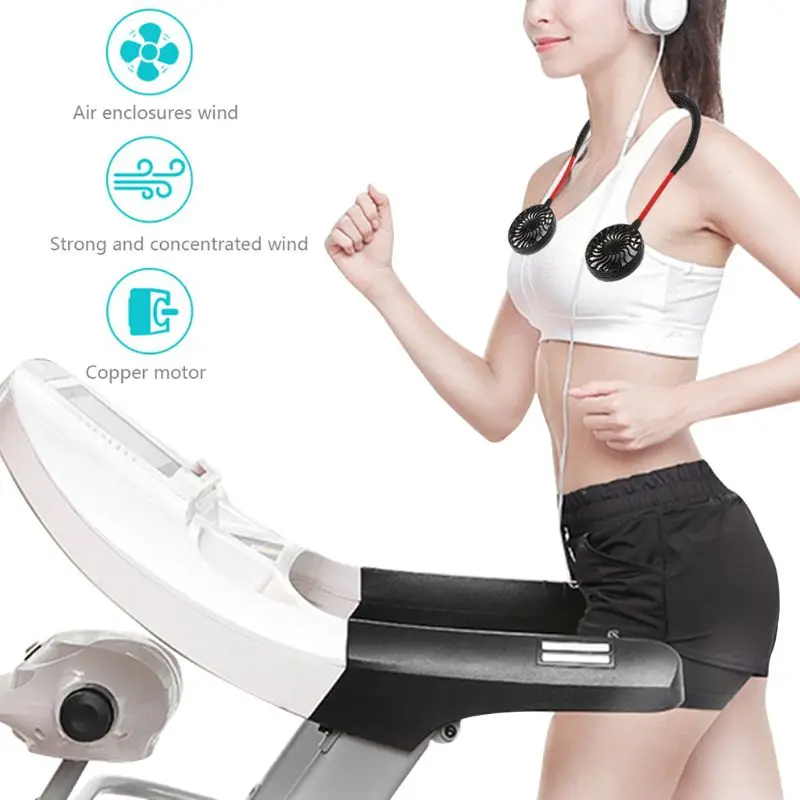 Hands Free Portable  Neck Fan Hanging Rechargeable Mini Sports Fan 3-Speed Adjustable Neck Dual Fan Home Office