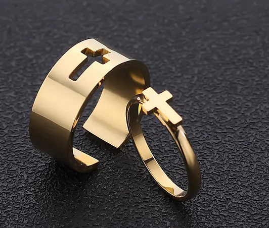 Punk Hiphop Trendy Stainless Steel High Polished 18K Gold Plated Couple Hollow 2pcs/set Heart Cross Ring For Men And Women