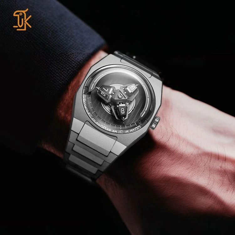 Custom Limited Edition Mechanical Watches with Titanium Strap And Case Spinner Wandering Hour Curved Glass Automatic Watch