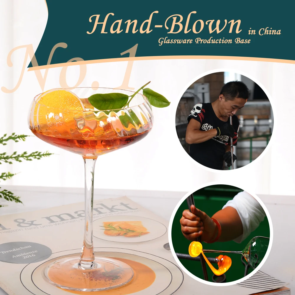 280ml Unique Creative Vintage Stemmed Ribbed Martini Glasses Set Ice Cream Coupe Cocktail Glasses for Wedding Birthday Gift Box