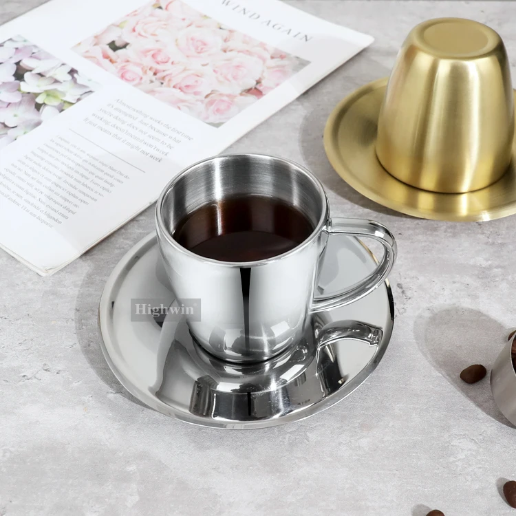 HIGHWIN Coffee Cups Set Stainless Steel Coffee Cup Double Walled Coffee Mug Optional with or without a saucer