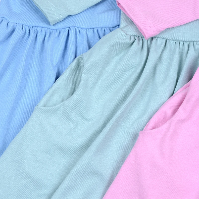 Baby Girls Soft Knit Cotton Casual Scoop Back Dress Three Quarters Solid Color Rib Cotton Hidden Pocket Dresses