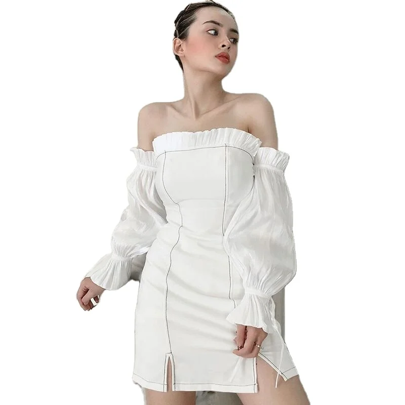 Autumn 2021 explosive new fashion sexy one-word collar mixed color lace long sleeve dress