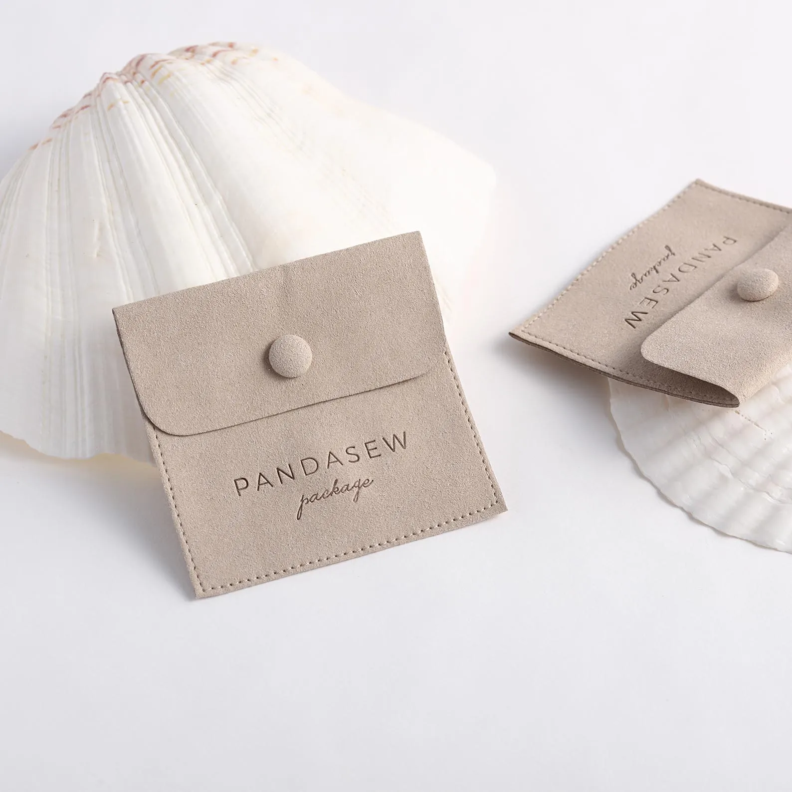 PandaSew Custom Logo Ring Packaging Suede Microfiber Snap Button Closure Jewelry Pouch Bags