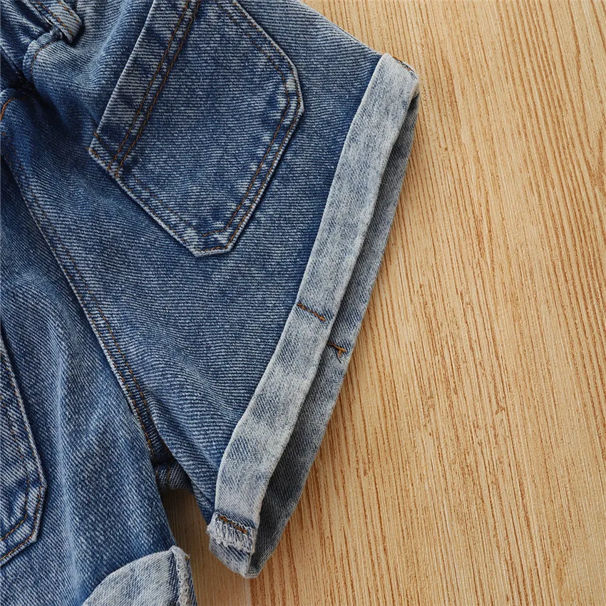 Hot sale summer fashion baby girls denim suit clothes sets crop tops+ blue denim shorts 2pcs toddler girls clothing set