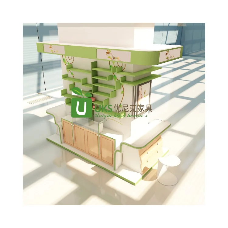 Современный торговый центральный киоск для ухода за кожей зеленая Косметическая салонная станция витрина косметики и полка продажи