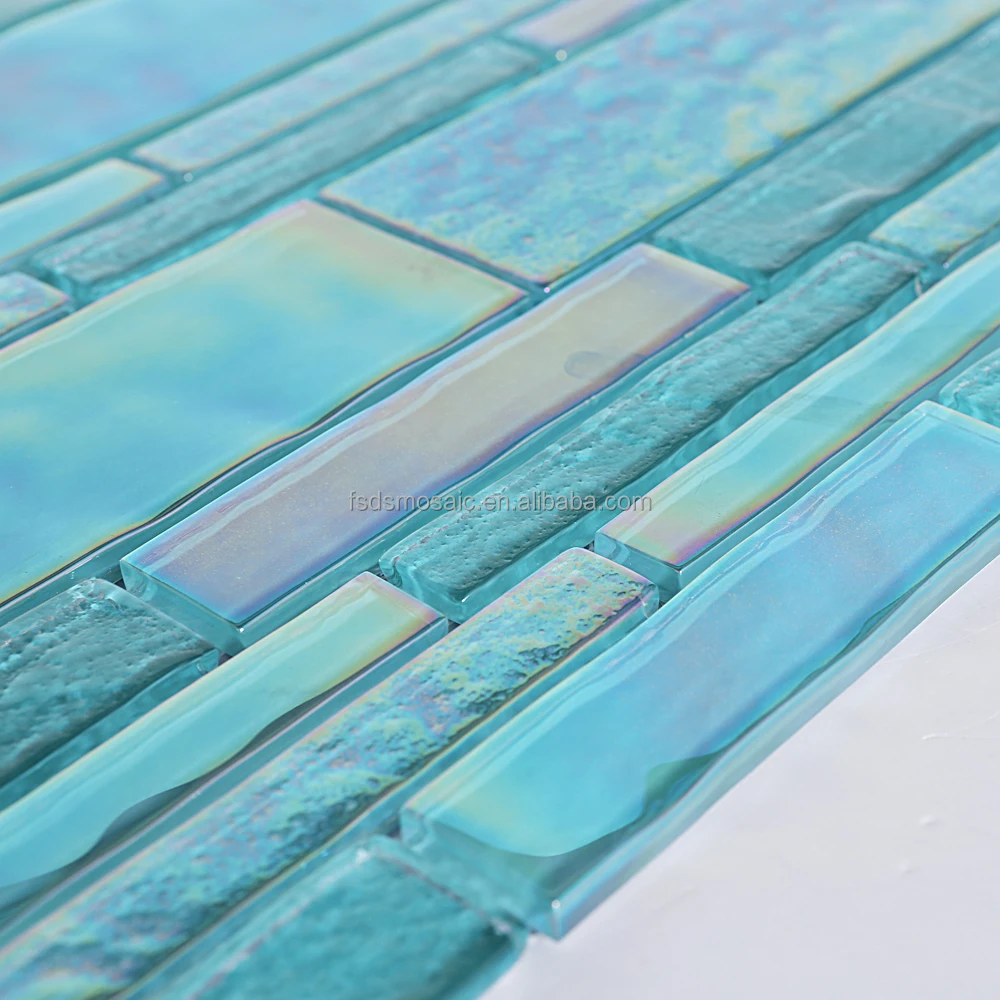 Iridescent Aqua Green Crystal Strip Glass Mosaic Backsplash Tile Swimming Pool Mosaic Tile