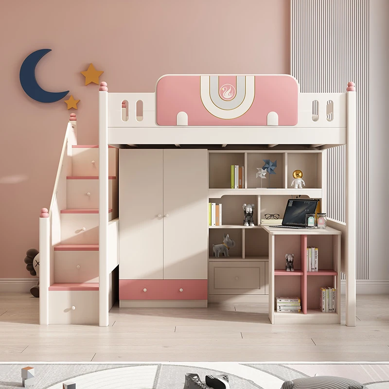 Hotel bedroom elevated bed furniture set desk wardrobe combination bed assembled cartoon style room