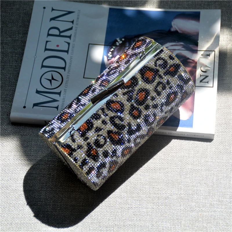 Ladies Rhinestones Evening Purse New Trendy Design Bling Crystal Round Leopard Print Clutch Women