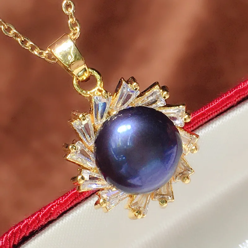 8-9mm Natural real freshwater Black Pearl bride jewelry White Zircon Classic Pearl Necklace Earrings Ring Set