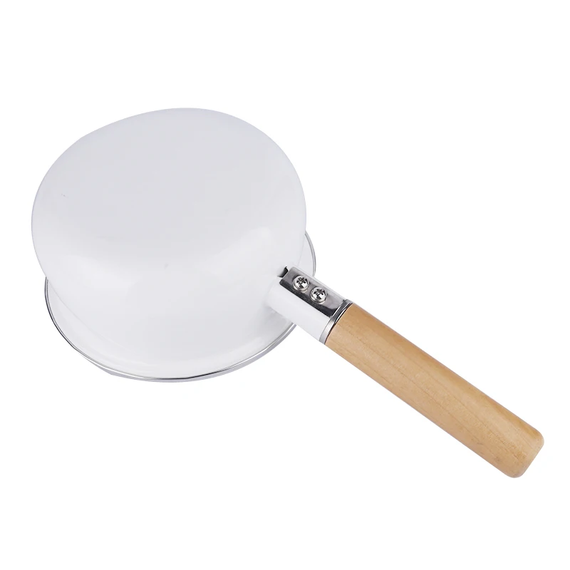 European eco white emamel milk pan coated metal cookware kitchen saucepans with single wooden handle