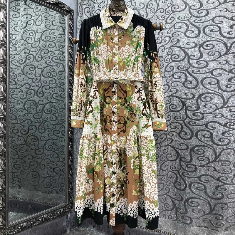 Top Quality Cotton Dress 2024 Autumn Designer Fashion Women Vintage Floral Print Long Sleeve Mid-Calf Length Dress Clothing