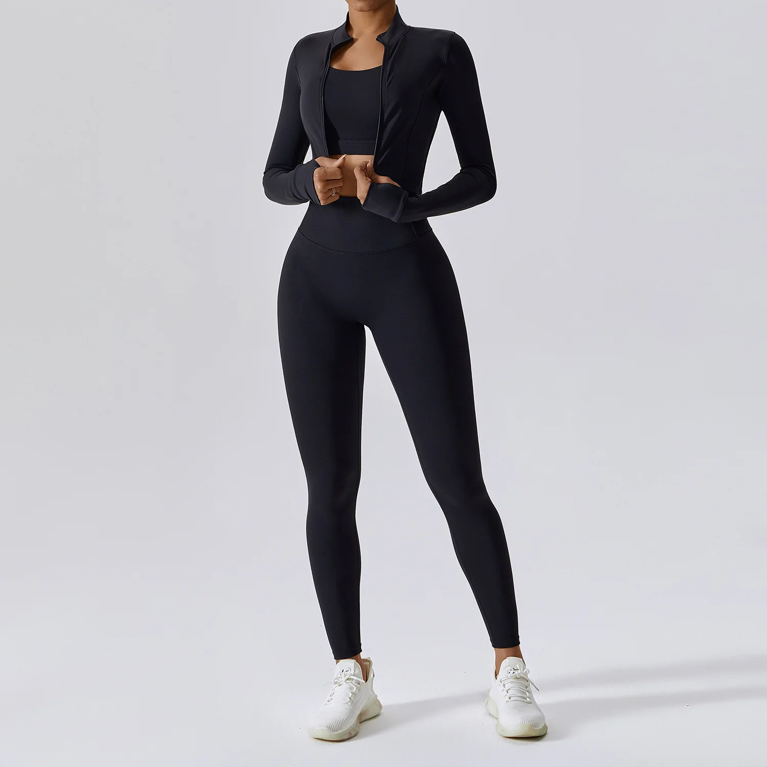 YIYI Naked Feeling Breathable High Stretchy Workout Sets Female Comfortable Gym 3pcs Sets Cropped Gym Jacket 3pcs Sets Girls
