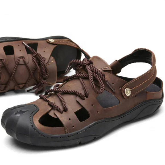 Protected toe Genuine Leather Handmade Stitching Men Leather Outdoor Office Sippers Sandals