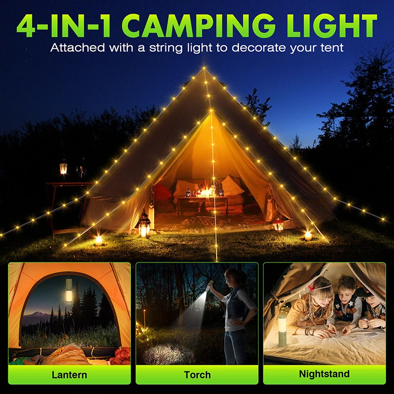 Portable Multiple Light Source Camping Lantern USB Rechargeable Camping LED Tent Hanging Ambiance Warm LED String Lights