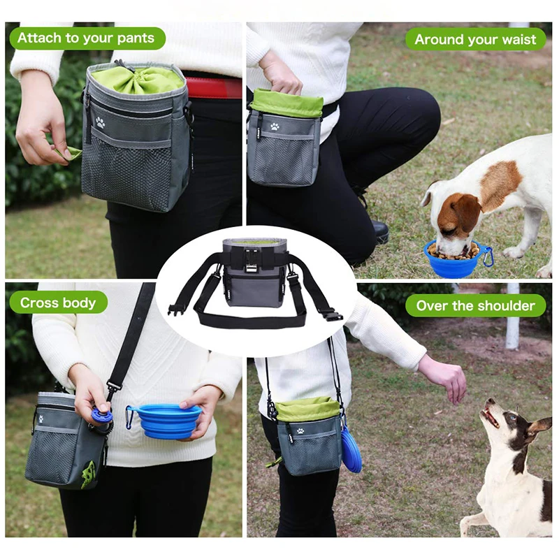 Large Capacity Waterproof Dog Treat Pouch Pet Training Bag With Bowl,Clicker